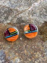 Load image into Gallery viewer, Orange &amp; Purple Spiny Circle Stud Earrings 3/8”