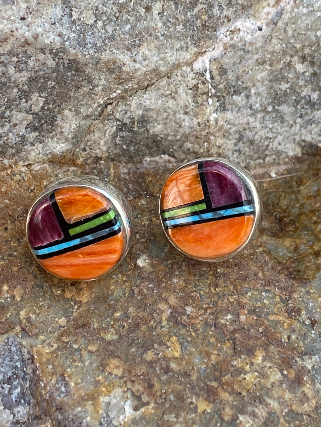 Orange & Purple Spiny Circle Stud Earrings 3/8”