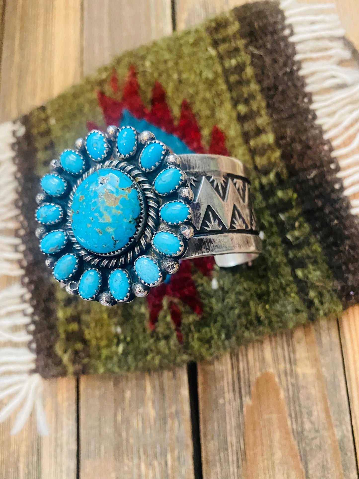 Navajo Kingman Turquoise And Sterling Silver Cluster Cuff Adjustable Bracelet