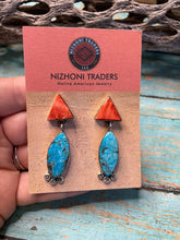 Load image into Gallery viewer, Navajo Sterling Silver Turquoise And Coral Dangle Earrings