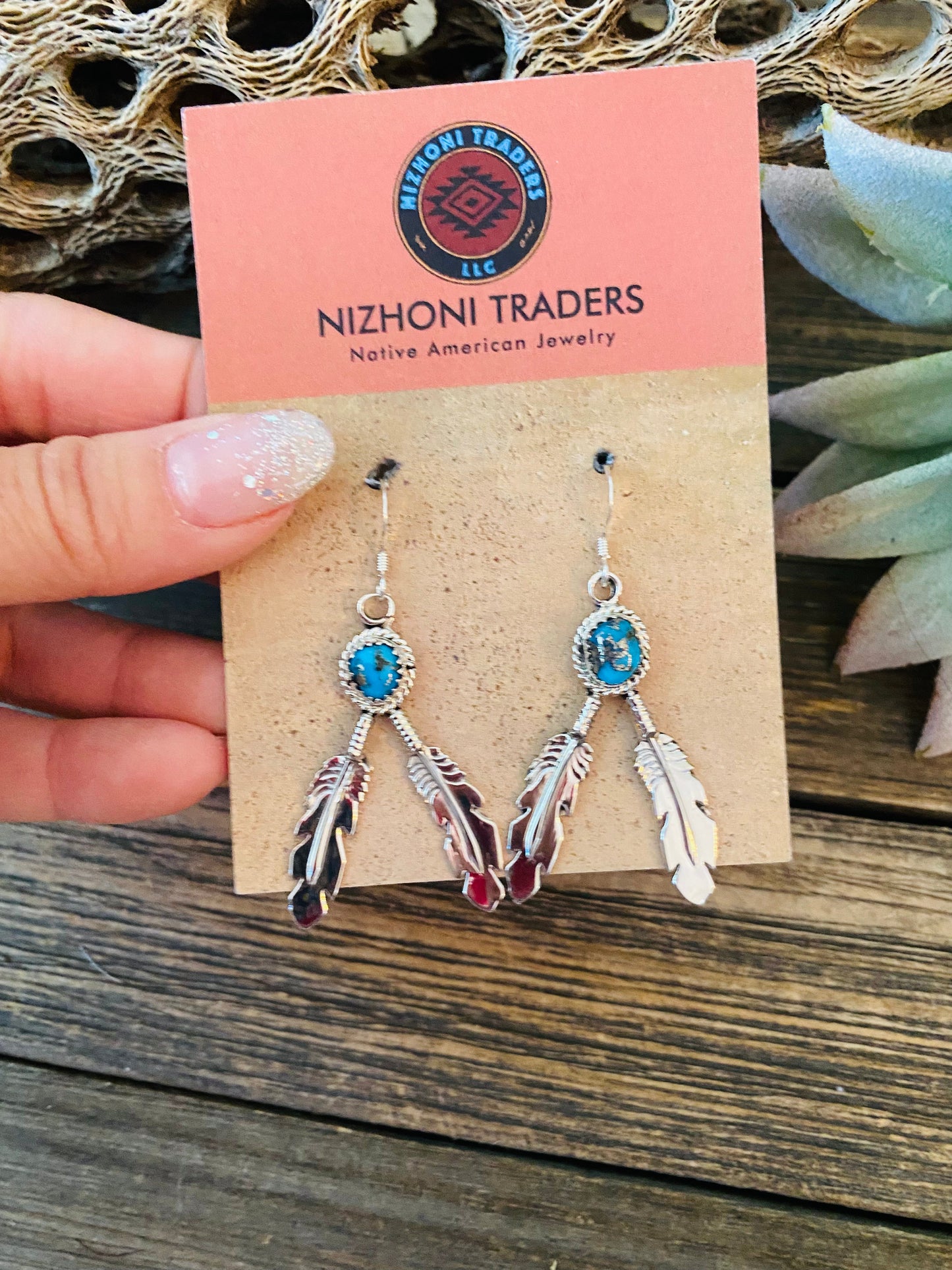 Navajo Sterling Silver & Turquoise Feather Dangle Earrings