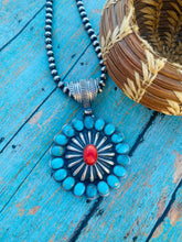Load image into Gallery viewer, Navajo Kingman Turquoise, Red Spiny &amp; Sterling Silver Pendant By Richard Livingston