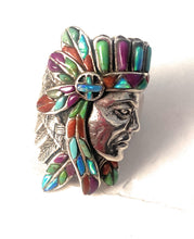 Load image into Gallery viewer, Handmade Sterling Silver &amp; Multi Stone Inlay Indian Chief Ring Size 9.5