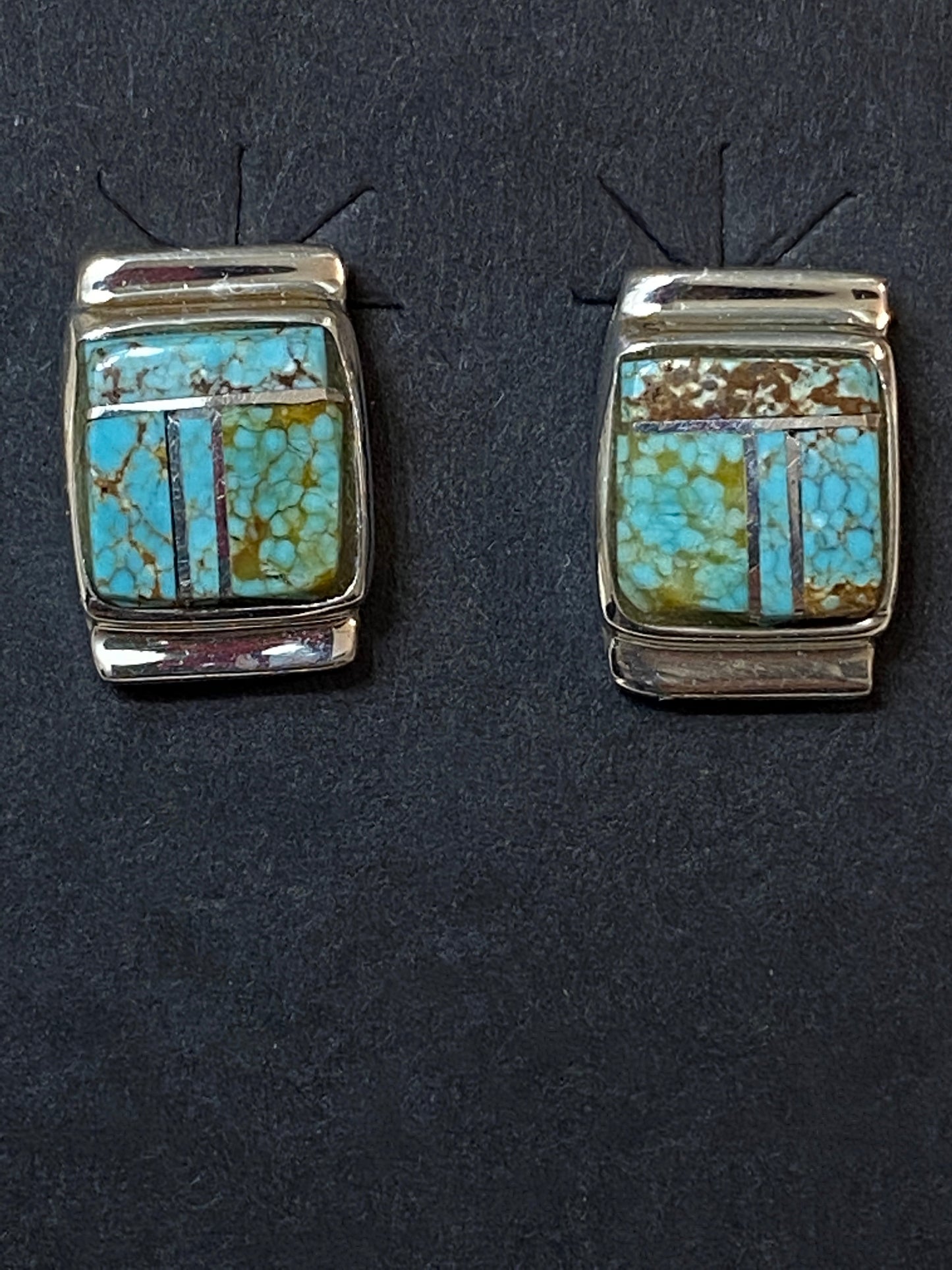 Turquoise- more matrix & Sterling Silver Rectangle Inlay Stud Earrings