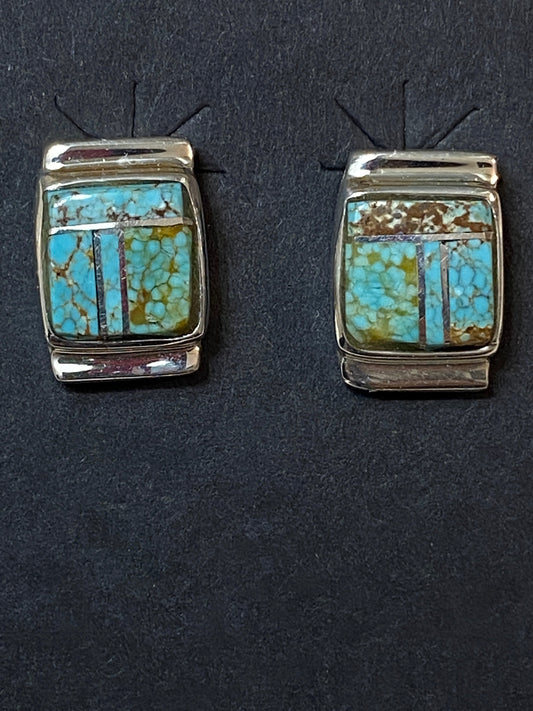 Navajo Turquoise 8 more matrix & Sterling Silver Rectangle Inlay Stud Earrings