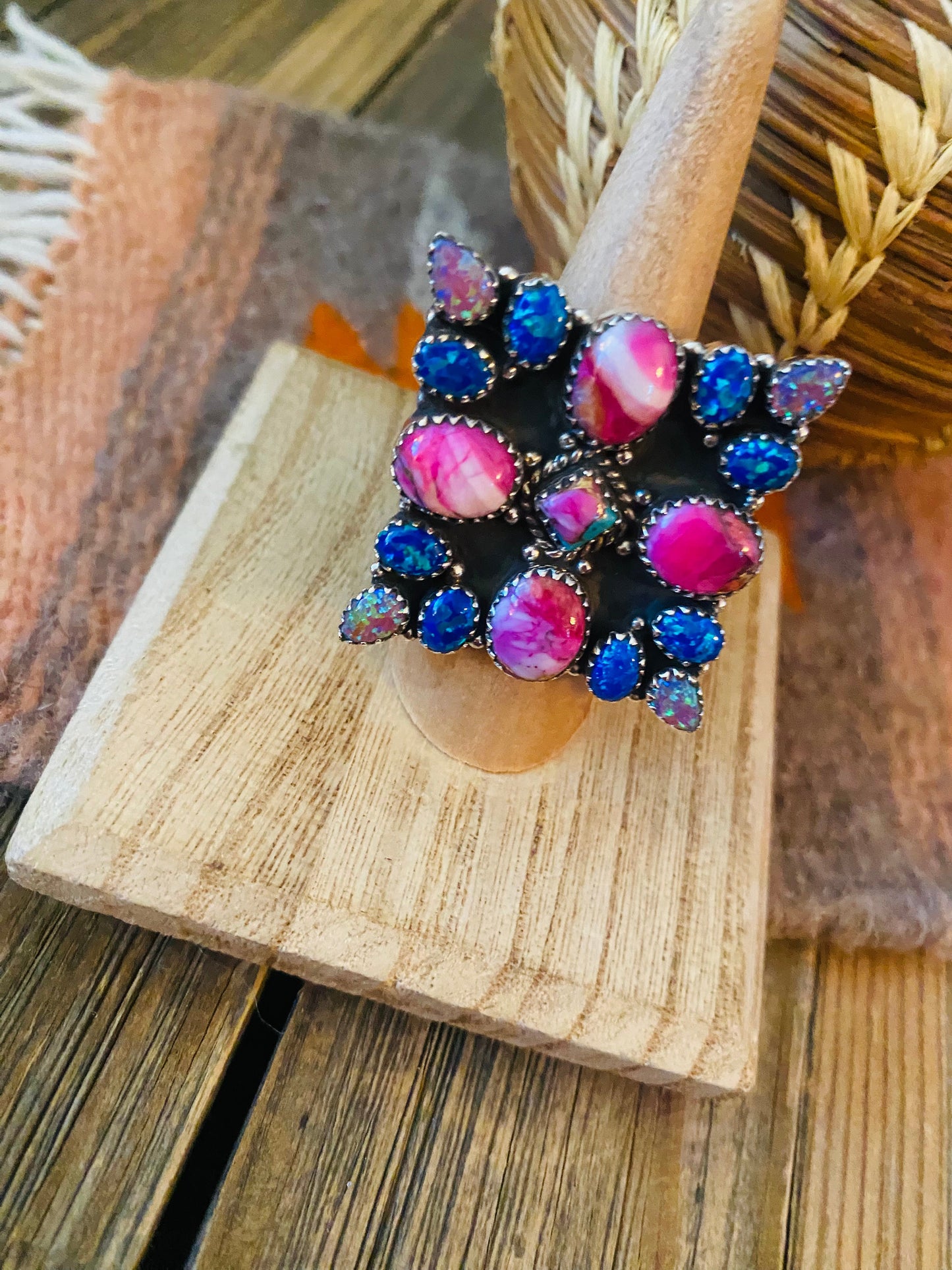 Handmade Sterling Silver, Pink Dream & Opal Cluster Adjustable Ring