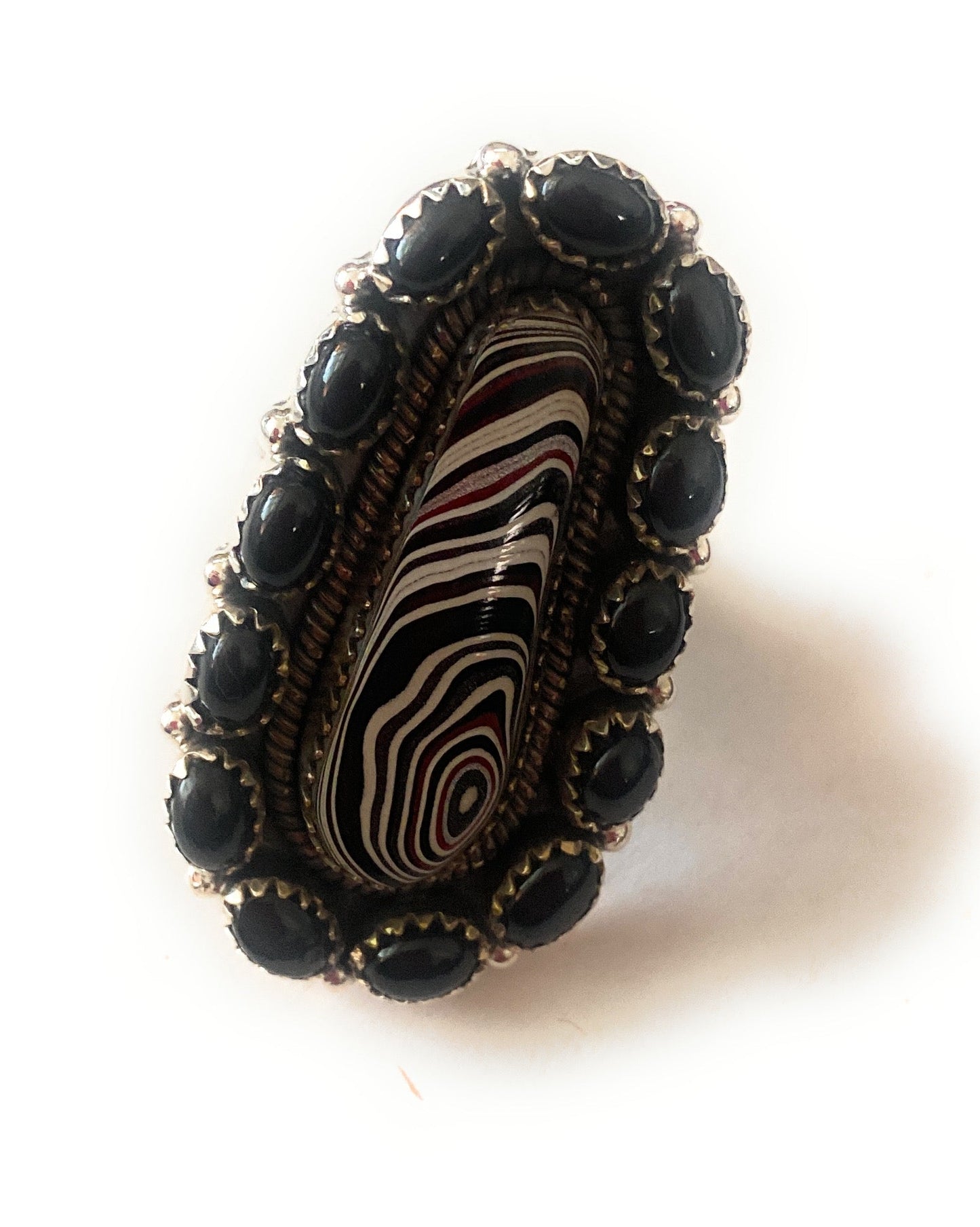 Handmade Sterling Silver, Fordite & Onyx Cluster Adjustable Ring