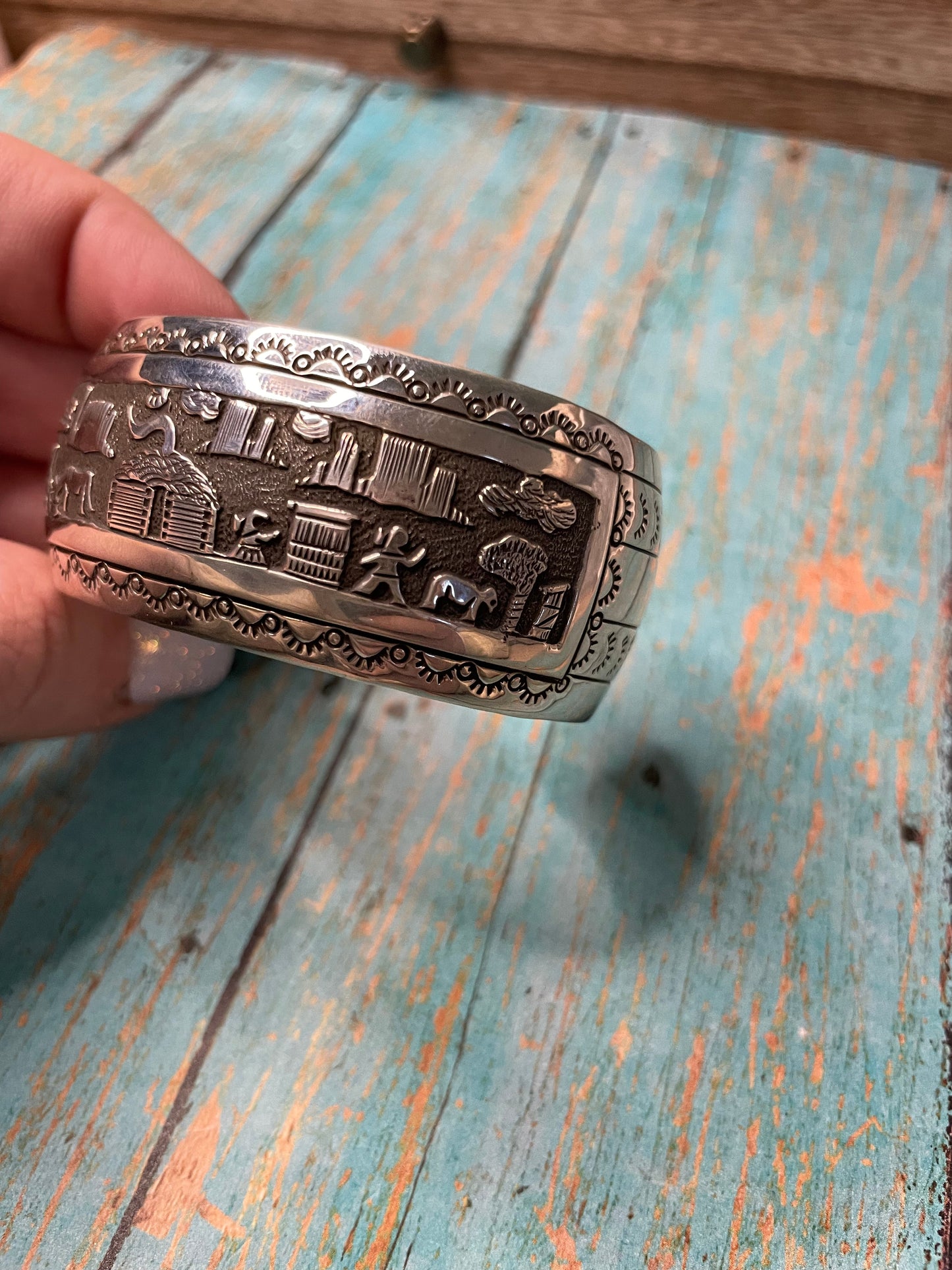 Navajo Hand Stamped Sterling Silver Cuff  Bracelet Signed