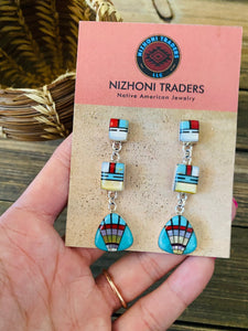 Sun Face Multi Stone And Sterling Silver Inlay Dangle Earrings