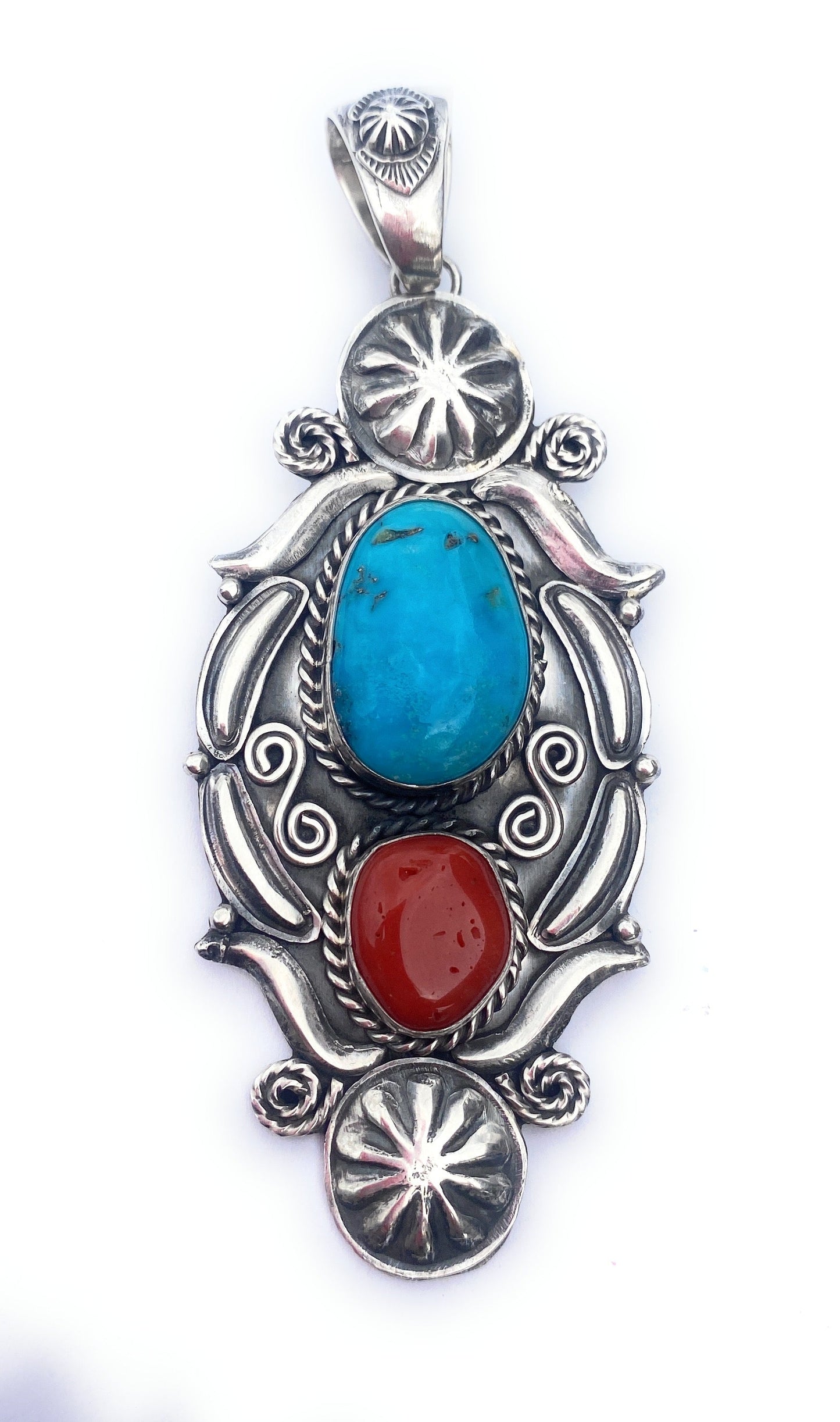 Navajo Sterling Silver, Kingman Turquoise & Coral Pendant Signed
