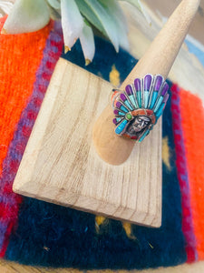 Handmade Sterling Silver & Multi Stone Inlay Indian Chief Ring Size 7.5