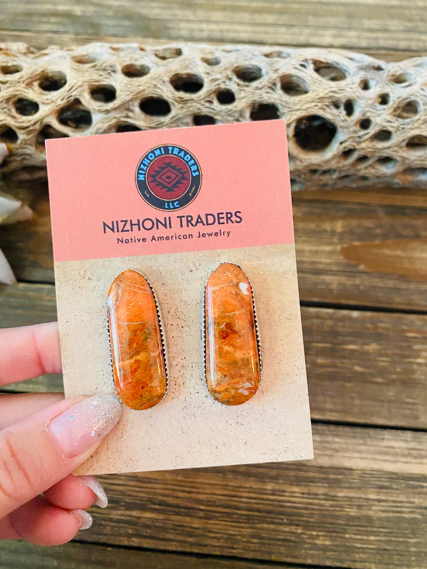 Navajo Sterling Silver & Orange Spiny Post Earrings 1.1/8”
