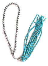 Load image into Gallery viewer, Navajo Turquoise &amp; Sterling Silver Pearl Beaded Tassel Necklace