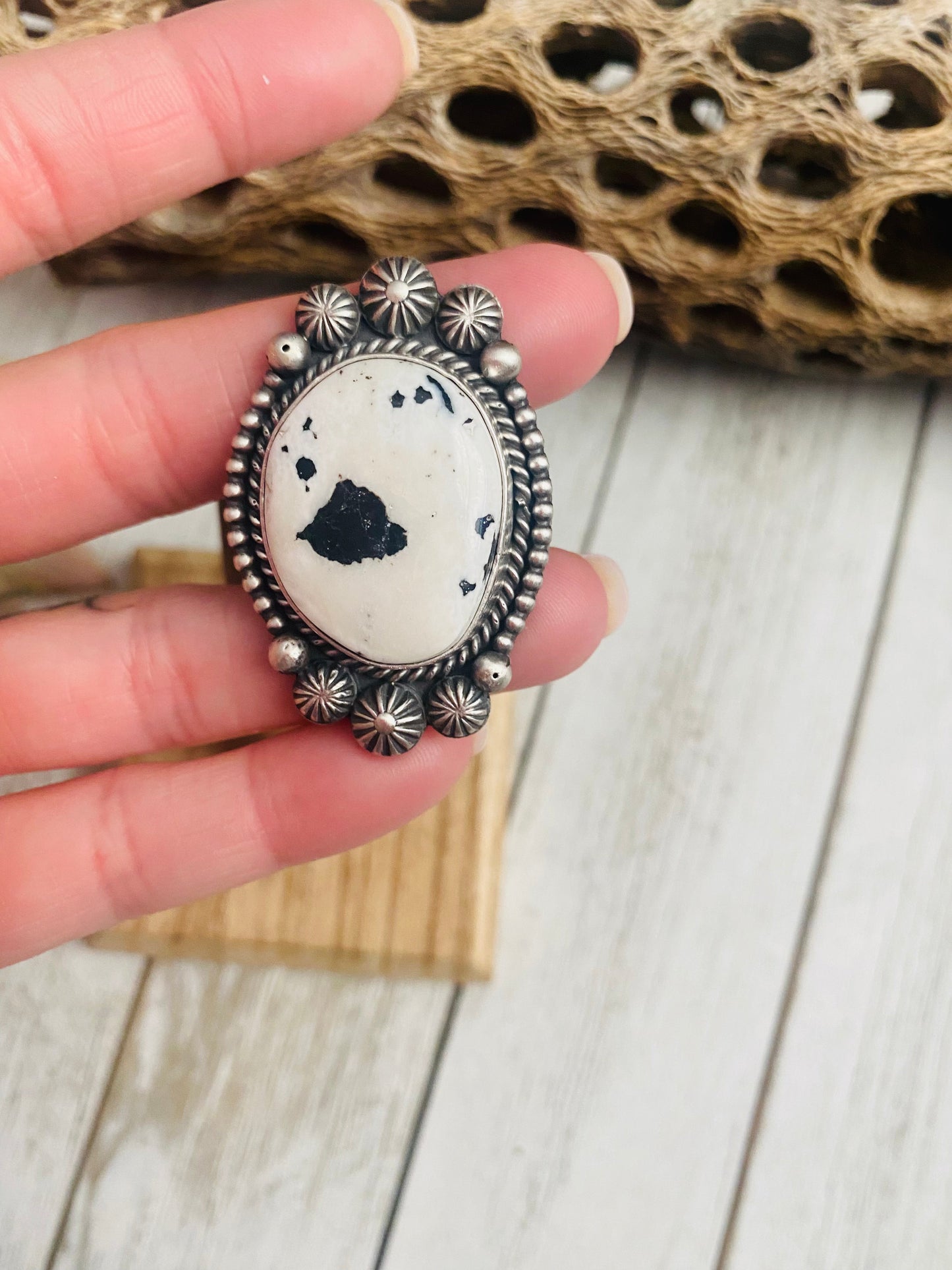 Navajo Sterling Silver And White Buffalo Ring Size 8.75