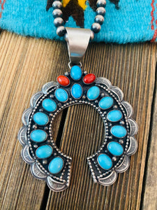 Navajo Sterling Silver, Sleeping Beauty Turquoise & Coral Naja Pendant