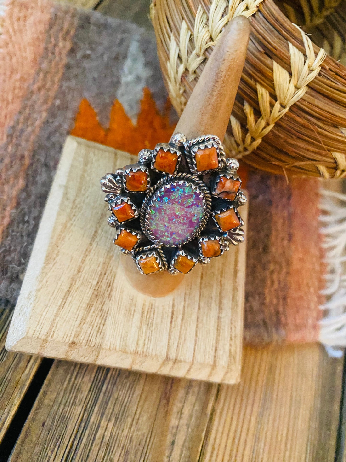 Handmade Sterling Silver, Orange Mojave & Opal Cluster Adjustable Ring