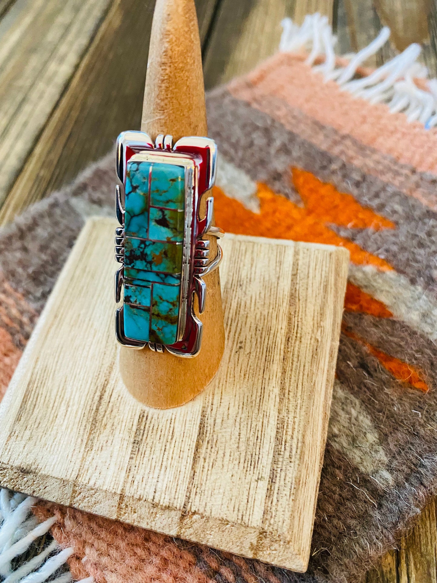 Navajo Sterling Silver & Turquoise Inlay Ring Size 6