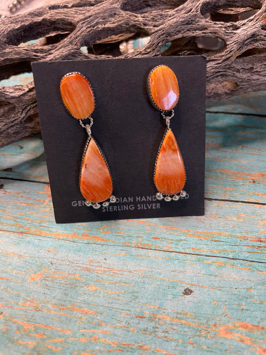 Navajo Sterling Silver And Coral Dangle Earrings