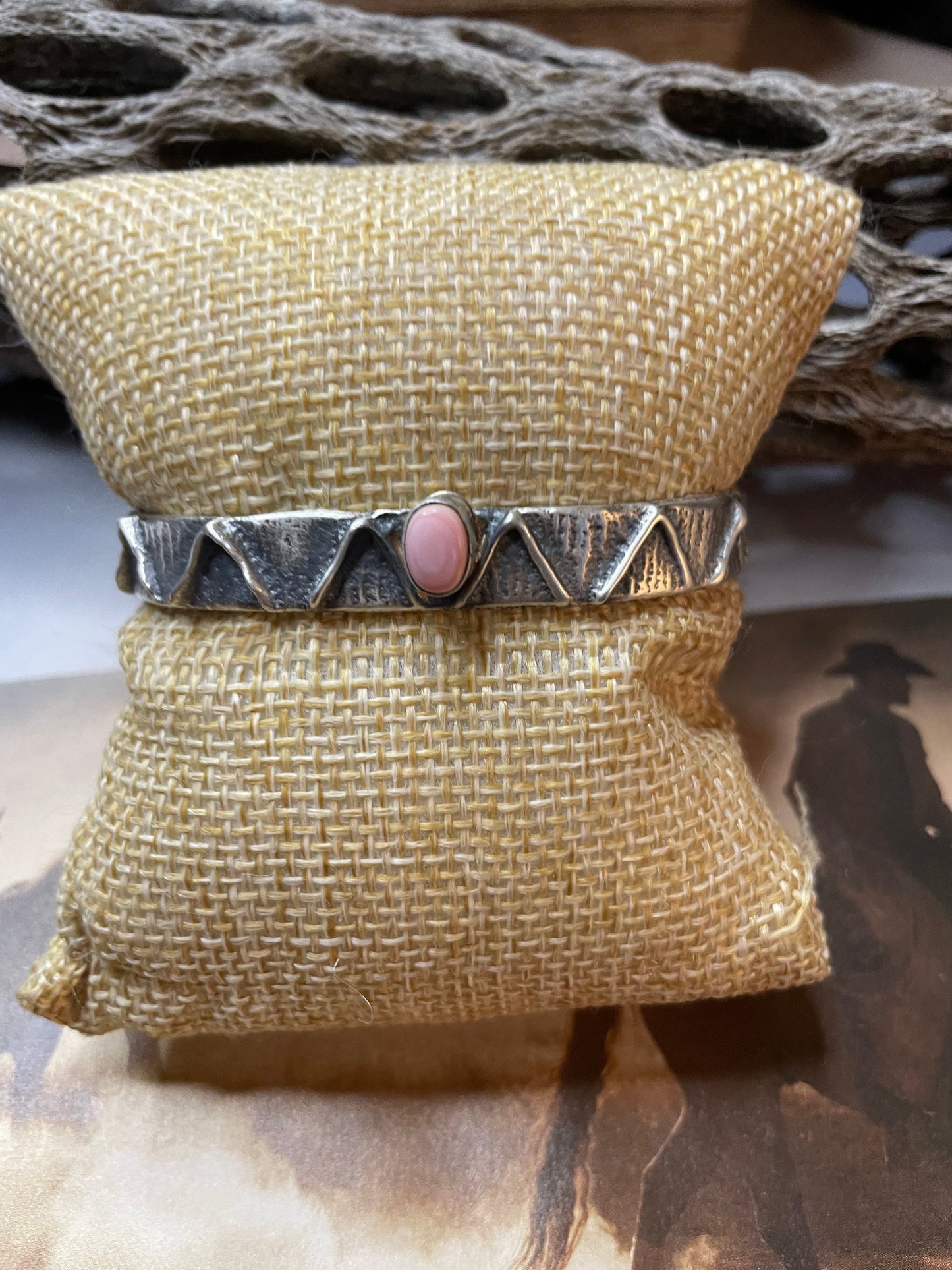 Navajo Pink Conch & Sterling Silver Tufa Cast Cuff Bracelet Signed