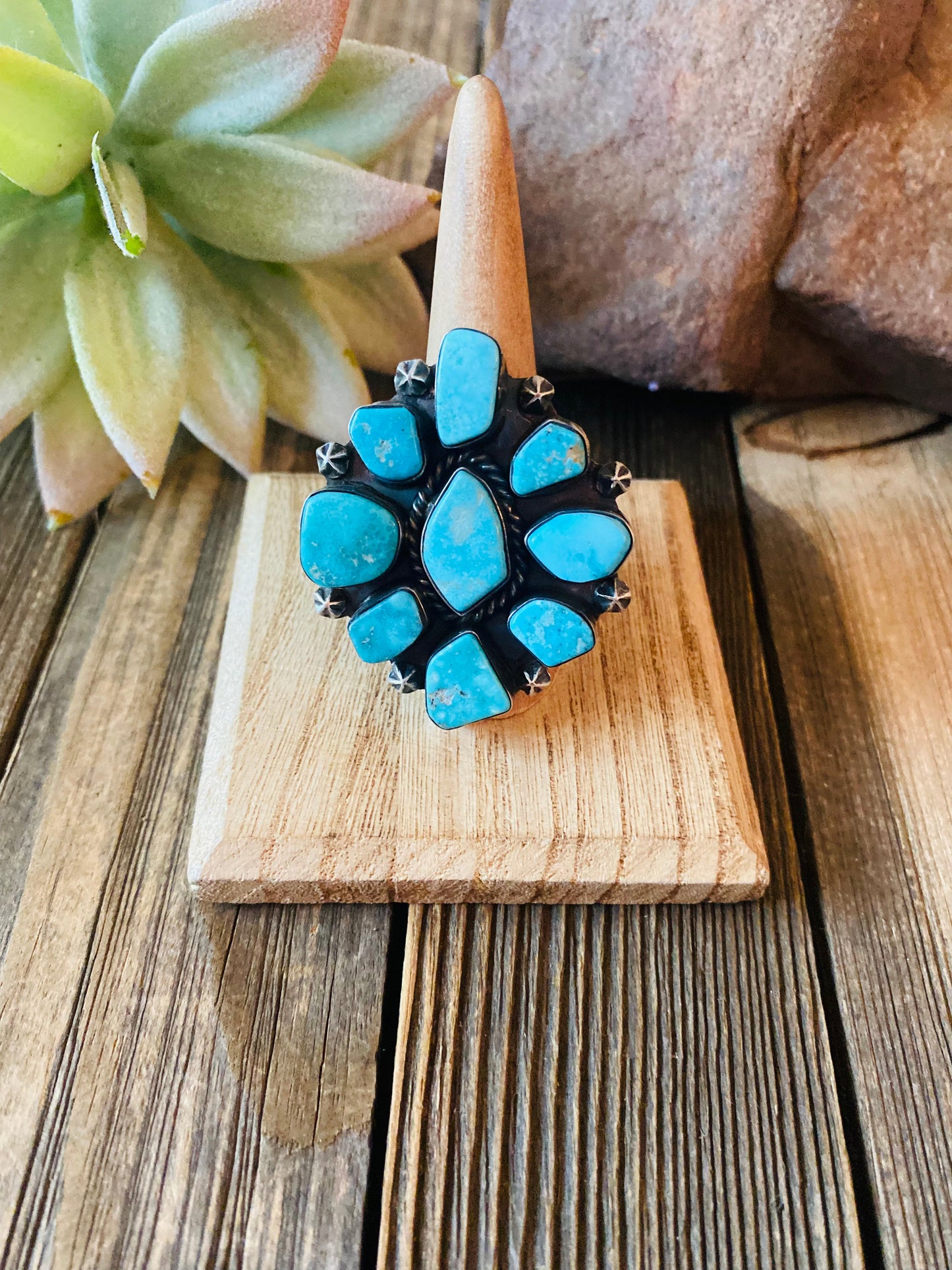 Navajo Kingman Turquoise & Sterling Silver Cluster Ring Size 8.5