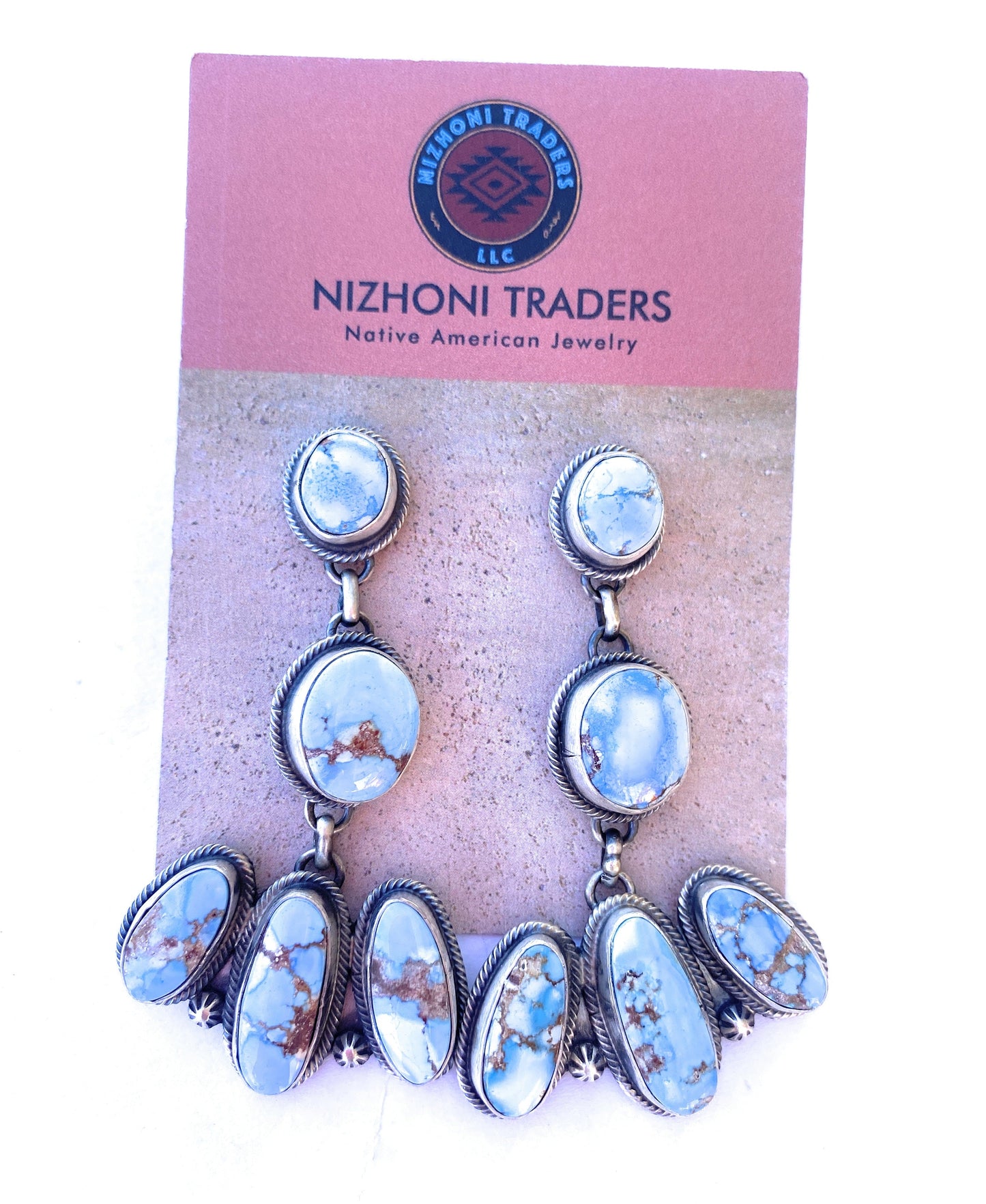 Navajo Sterling Silver & Golden Hills Turquoise Cluster Dangle Earrings