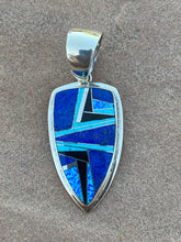 Load image into Gallery viewer, Navajo Lapis, Turquoise, Blue Opal Shield Pendant 2.5”