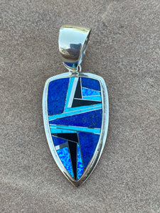 Navajo Lapis, Turquoise, Blue Opal Shield Pendant 2.5”