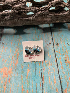 Zuni Sterling Silver, Turquoise, Onyx, & Mother of Pearl Stud Heart Earrings