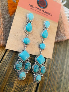 Navajo Sterling Silver & Natural Turquoise Dangle Earrings Signed