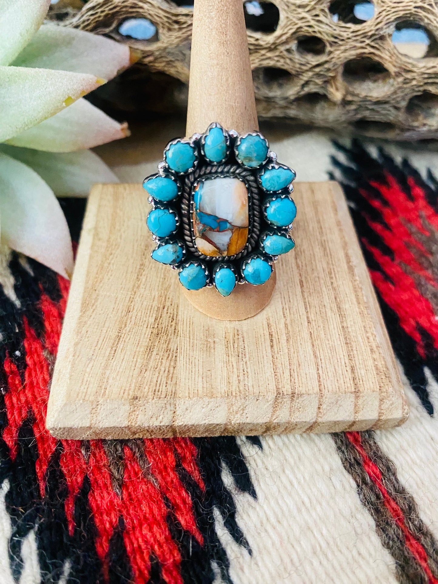 Handmade Sterling Silver, Spice & Turquoise Cluster Adjustable Ring