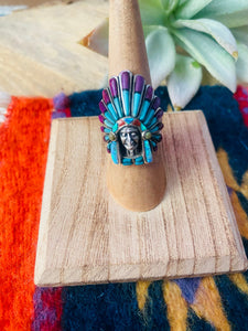 Handmade Sterling Silver & Multi Stone Inlay Indian Chief Ring Size 6.5