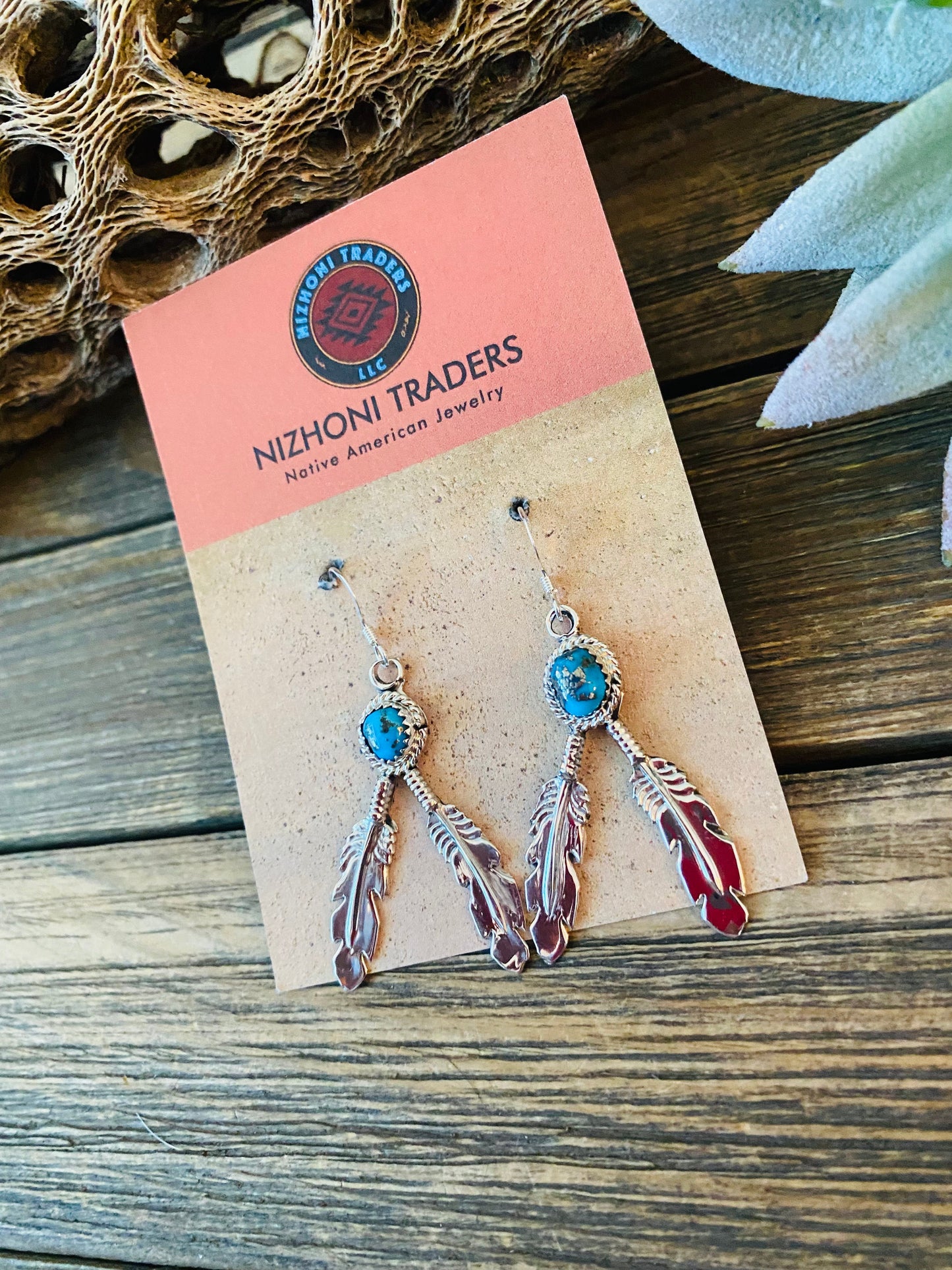 Navajo Sterling Silver & Turquoise Feather Dangle Earrings