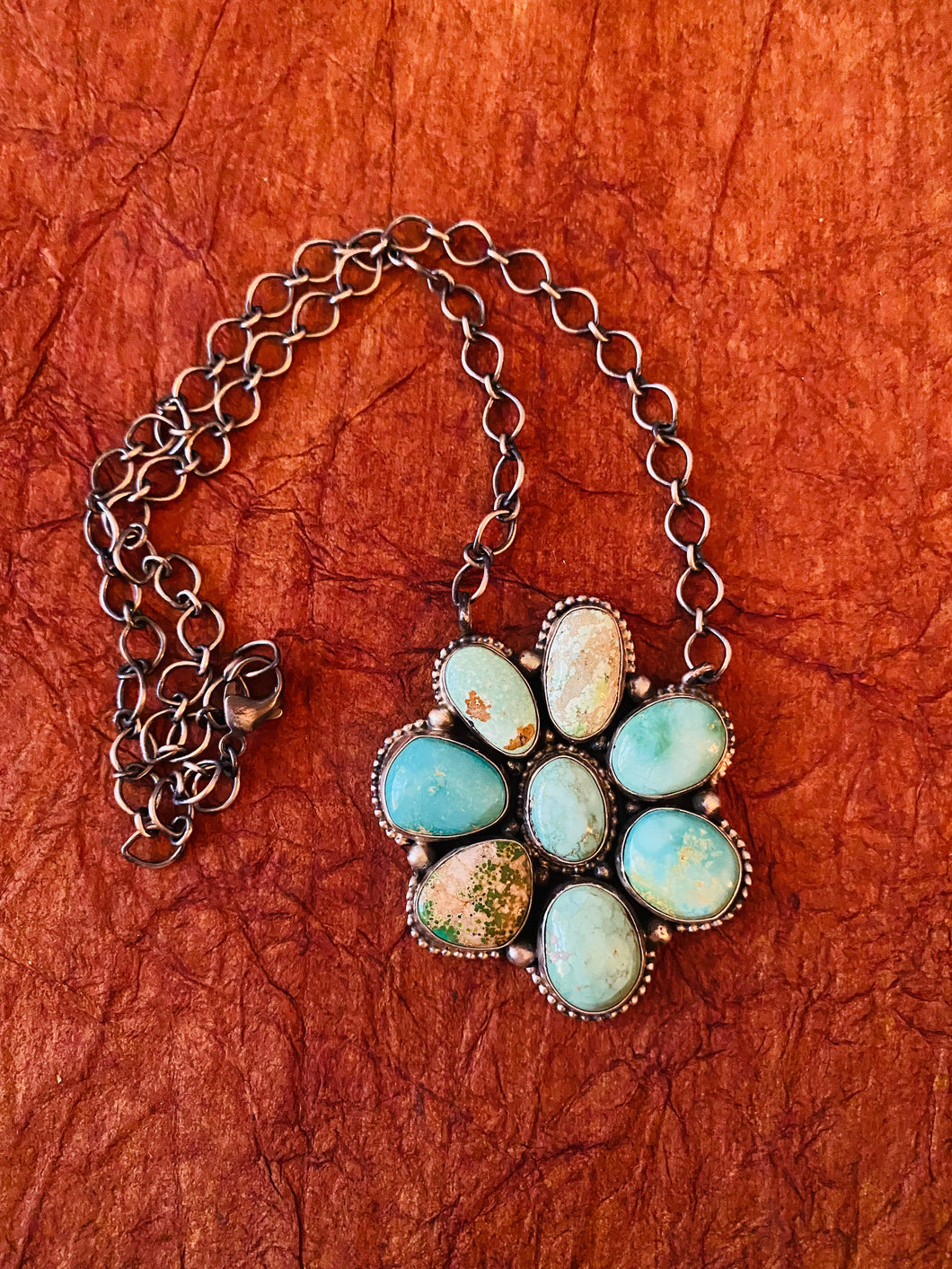 Navajo Sterling Silver & Carico Lake Turquoise Cluster Necklace