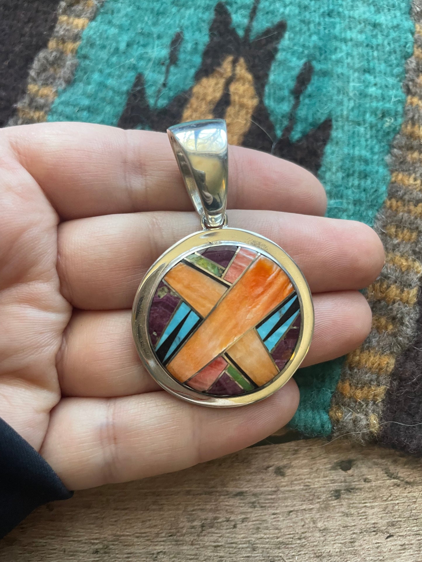 Navajo Multi Stone Inlay & Sterling Silver Circle Pendant