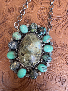 Navajo Royston & Calico Turquoise & Sterling Silver Cluster Necklace Signed