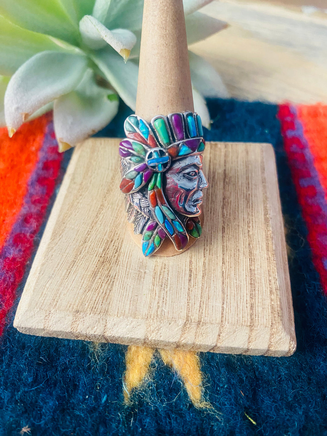 Handmade Sterling Silver & Multi Stone Inlay Indian Chief Ring Size 9.5