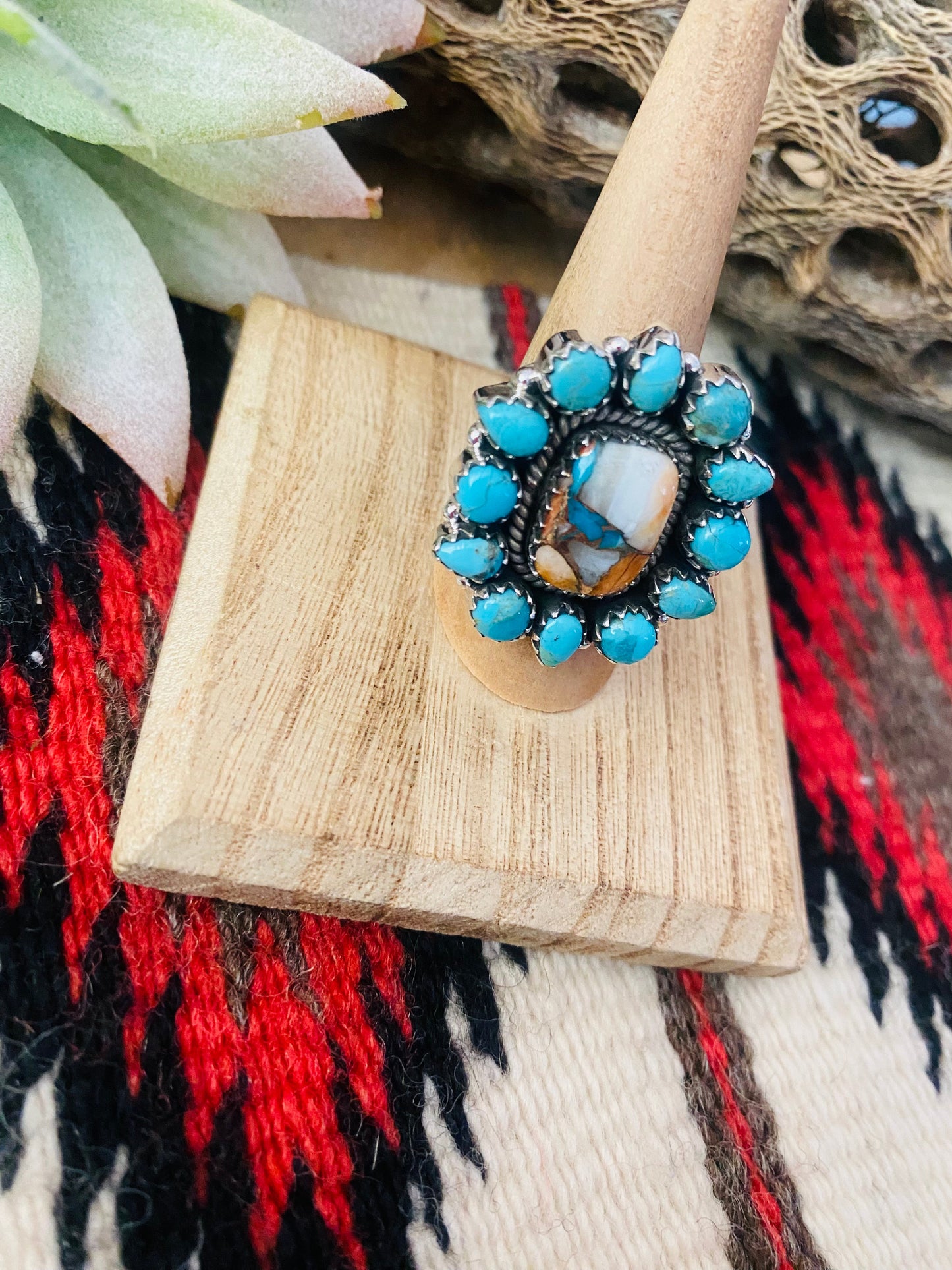 Handmade Sterling Silver, Spice & Turquoise Cluster Adjustable Ring