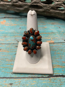 Handmade Sterling Silver And Coral Mojave Adjustable Cluster Ring