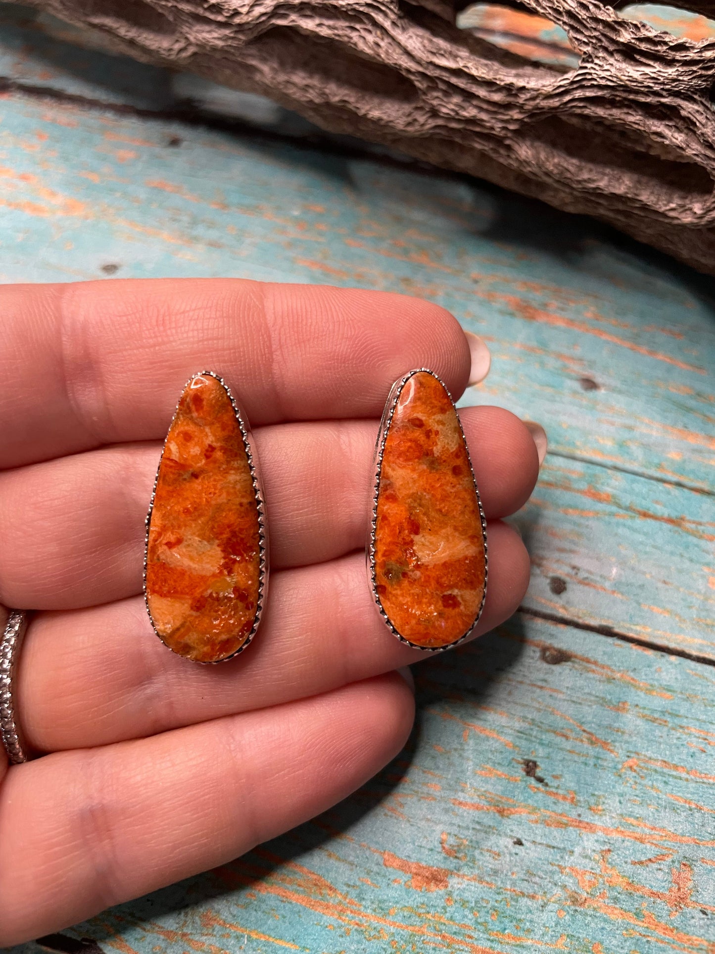 Navajo Apple Coral And Sterling Silver Earrings