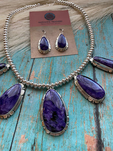 Navajo Charorite And Sterling Silver Necklace & Earring Set Signed