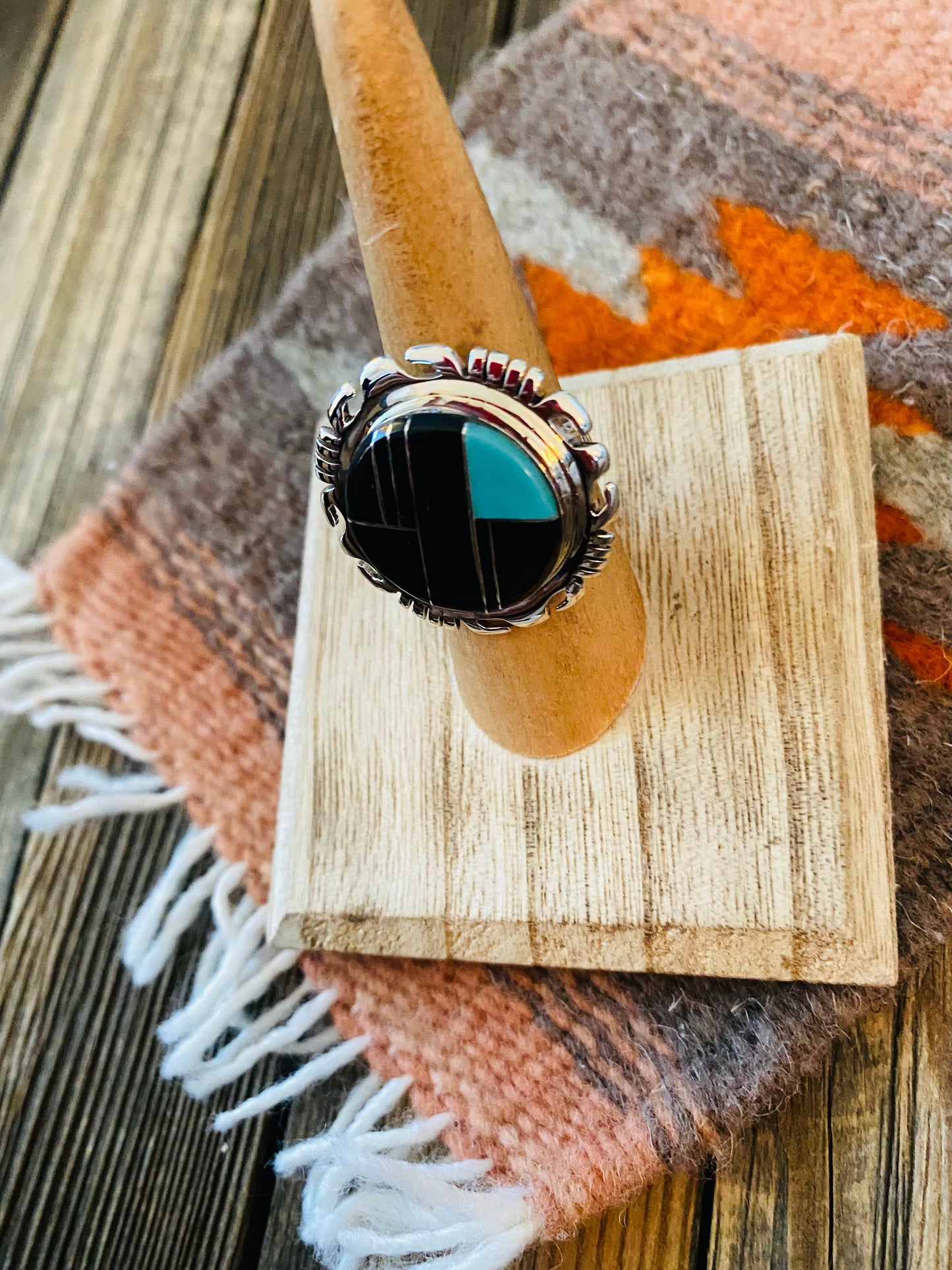 Navajo Sterling Silver, Onyx & Turquoise Inlay Ring Size 6.25