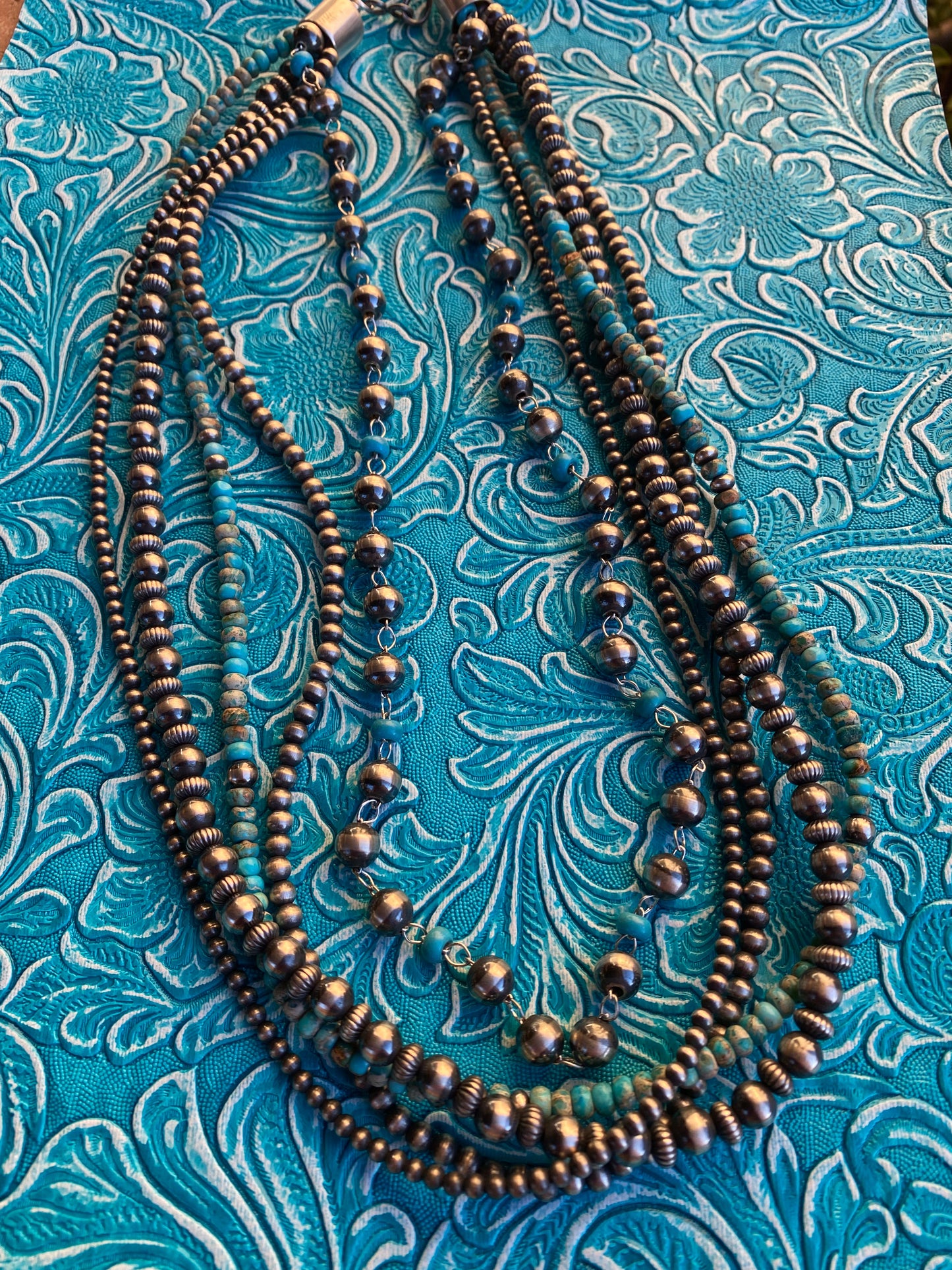 Navajo Turquoise & Sterling Silver 5 strand Beaded Necklace