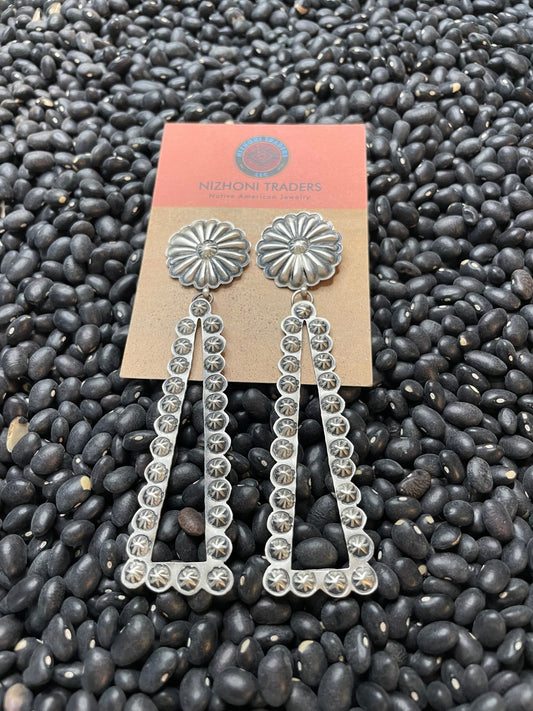 Navajo Sterling Silver Concho Dangle Earrings By Eugene Charley