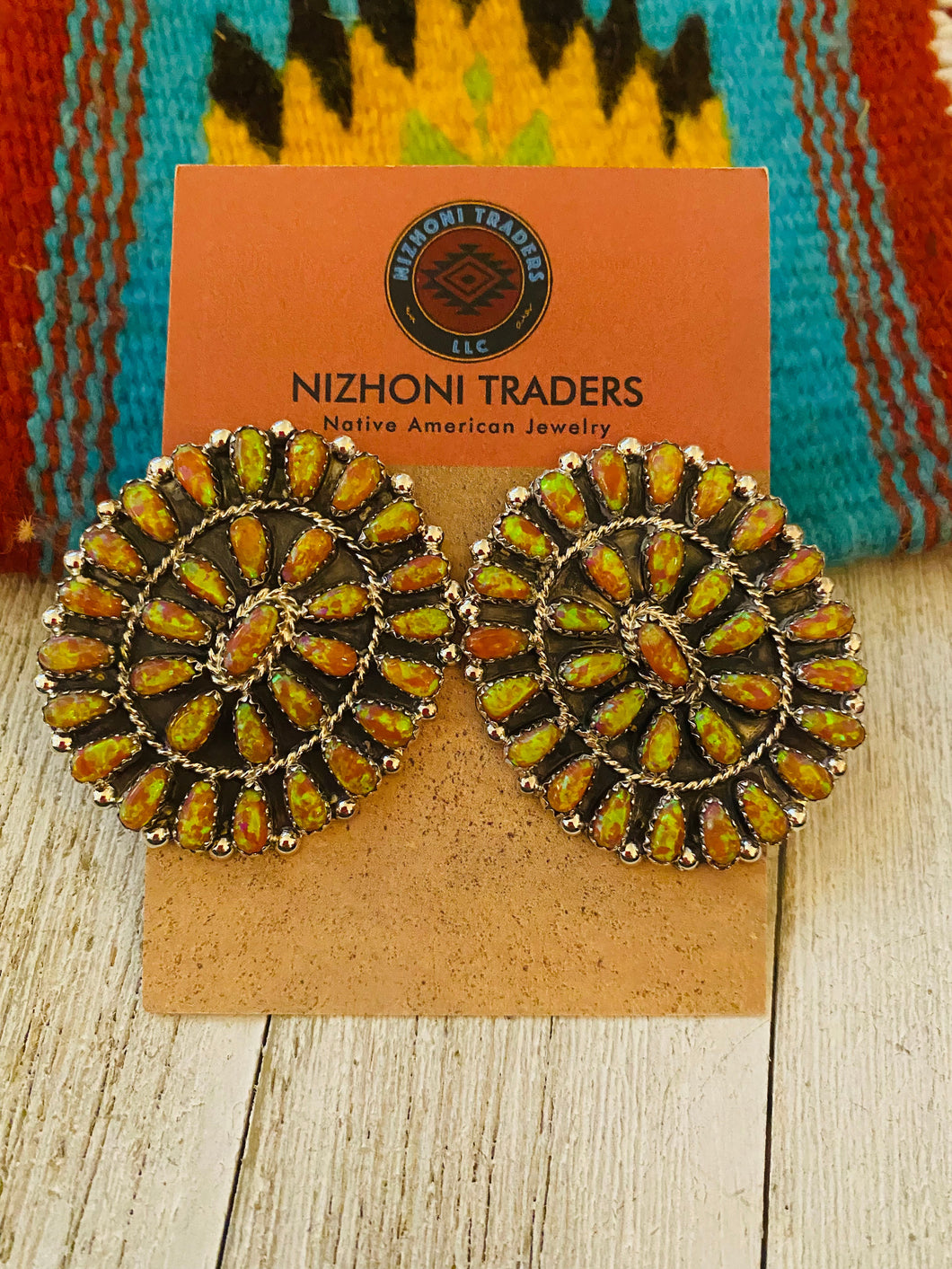 Navajo Sterling Silver & Opal Cluster Post Earrings Signed