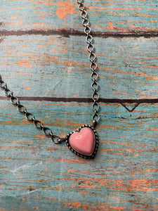 Navajo Queen Pink Conch Shell And Sterling Silver Heart Necklace