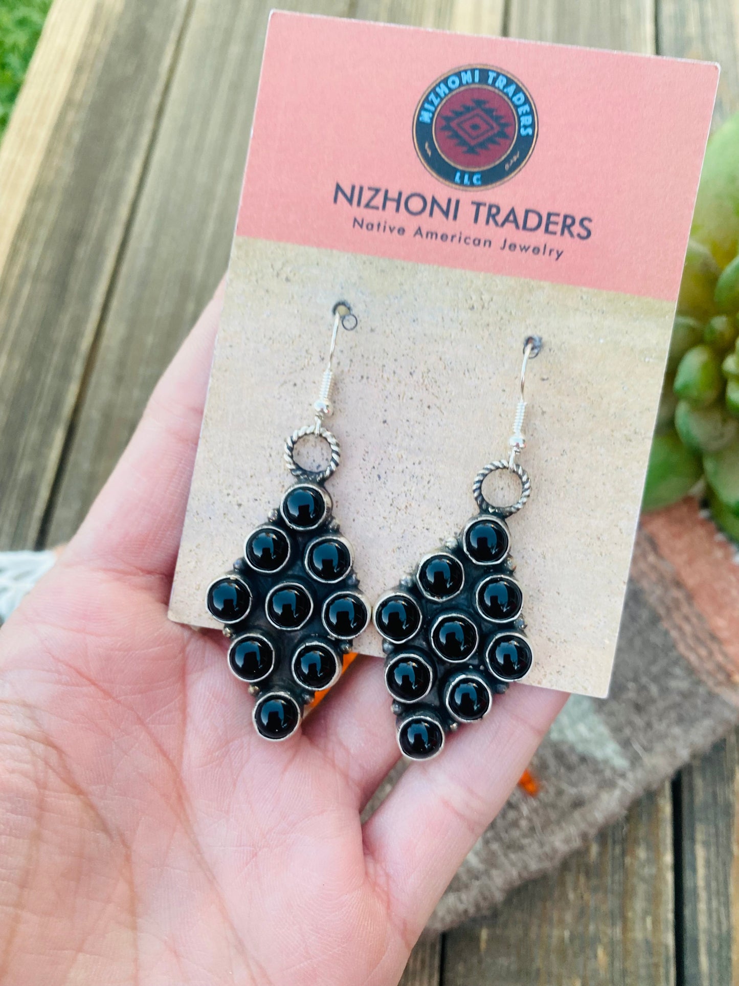 Navajo Onyx And Sterling Silver Cluster Dangle Earrings