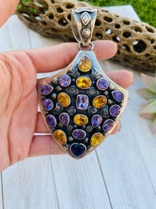 Vintage Navajo Natural Amethyst, Garnet & Sterling Silver Pendant