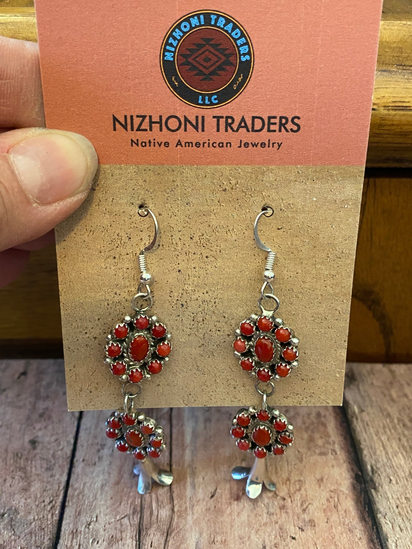 Zuni Petit Point Red Coral Sterling Silver Blossom Dangle Earrings