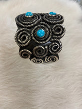 Load image into Gallery viewer, Leander Tahe Turquoise $ Sterling Silver Spiral Navajo Bracelet Signed