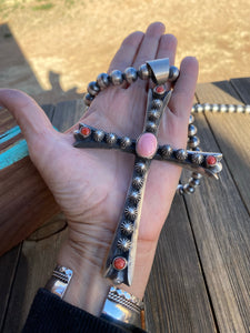 Navajo Sterling Silver & Coral Cross Pendant Signed By Chimney Butte